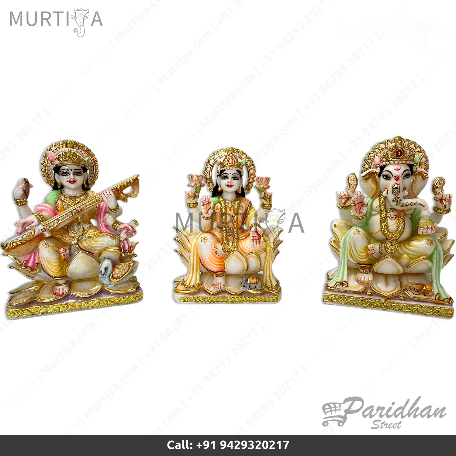 12-inch Pure Marble Ganesh Laxmi Saraswati Statue (Makrana)
