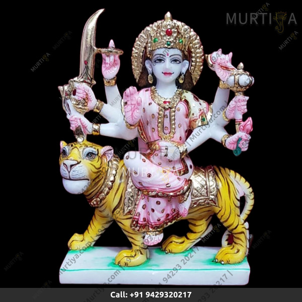 Marble Durga Maa With Light Pink Saree And Yello Lion