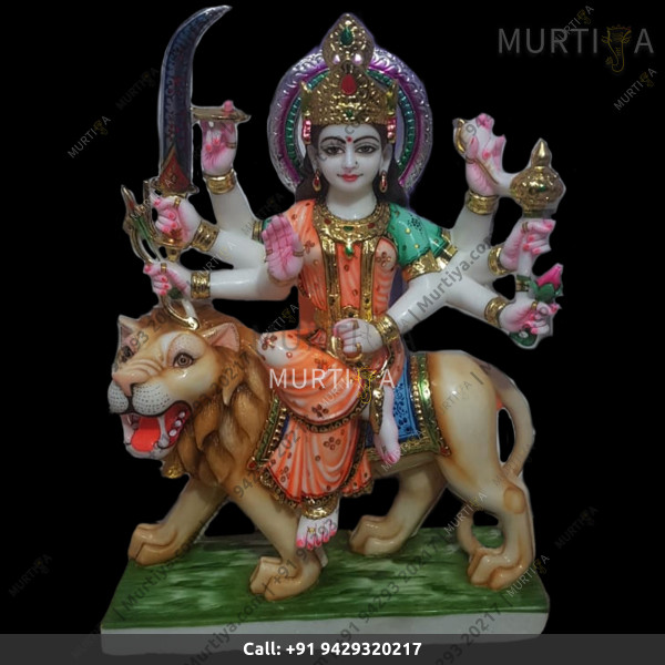 Marble Durga Maa With Orange And Green Saree Aggressive Lion