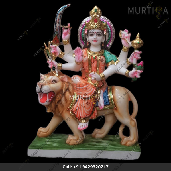 Marble Durga Maa With Orange And Green Saree Aggressive Lion