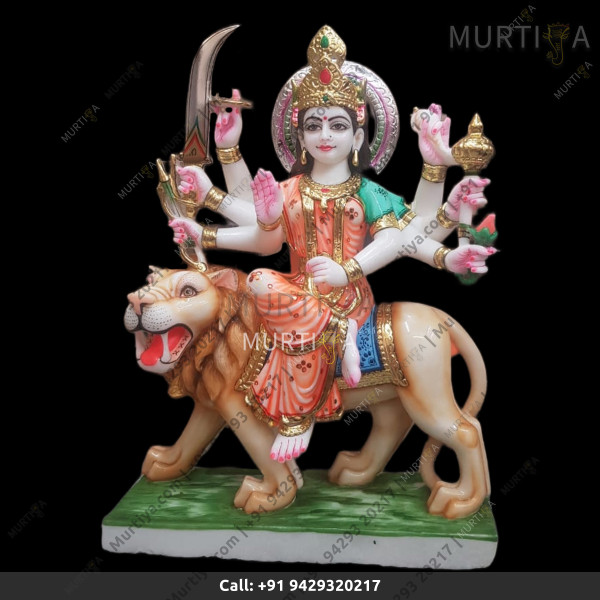 Marble Durga Maa With Orange And Green Saree Aggressive Lion