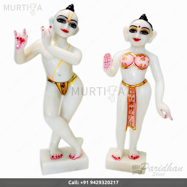 15-inch Pure Marble Iskcon Radha Krishna For Home Temple-Makrana Marble Radha Krishna Murti-Radha Krishna Statue For Office