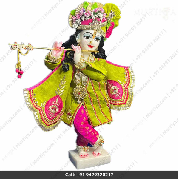 18 Inches ISKCON White Radha Krishna Marble Statue With Light Green Pink Dress Clothes-Jewellery Pure Handmade