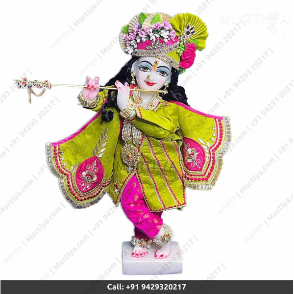 18 Inches ISKCON White Radha Krishna Marble Statue With Light Green Pink Dress Clothes-Jewellery Pure Handmade