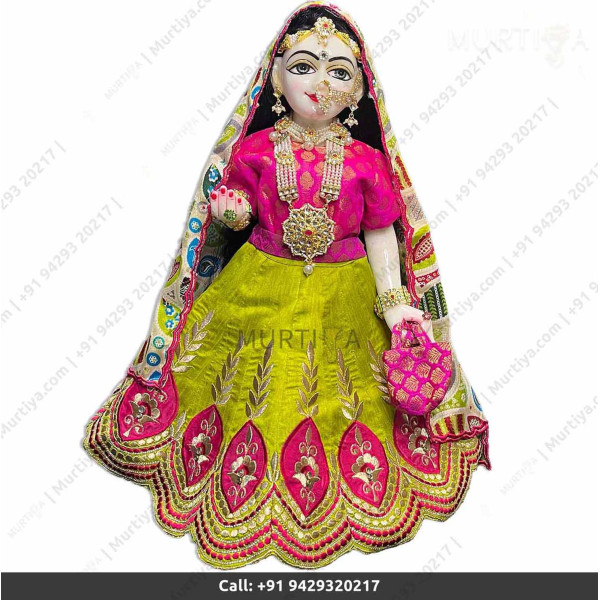 18 Inches ISKCON White Radha Krishna Marble Statue With Light Green Pink Dress Clothes-Jewellery Pure Handmade