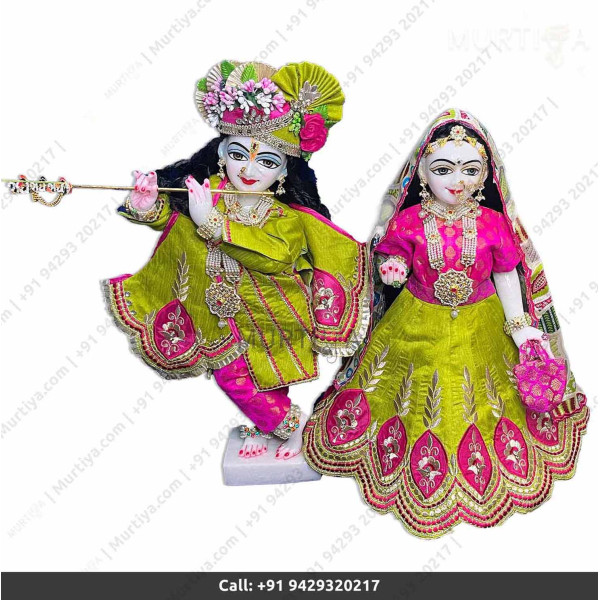 18 Inches ISKCON White Radha Krishna Marble Statue With Light Green Pink Dress Clothes-Jewellery Pure Handmade