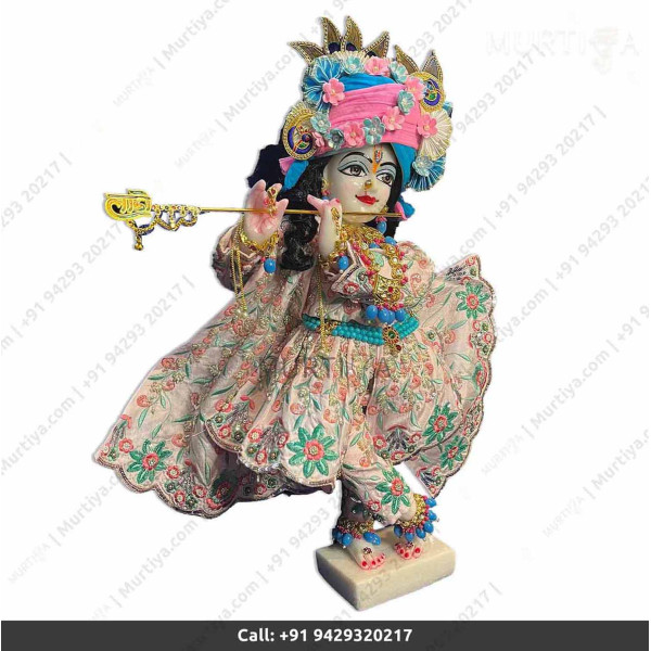 18 Inches ISKCON White Radha Krishna Marble Statue With off-white Embroidery Clothes-Jewellery Pure Handmade