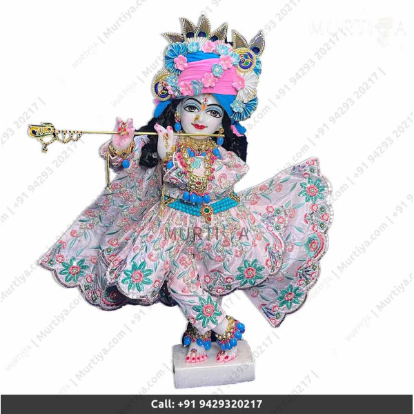 18 Inches ISKCON White Radha Krishna Marble Statue With off-white Embroidery Clothes-Jewellery Pure Handmade