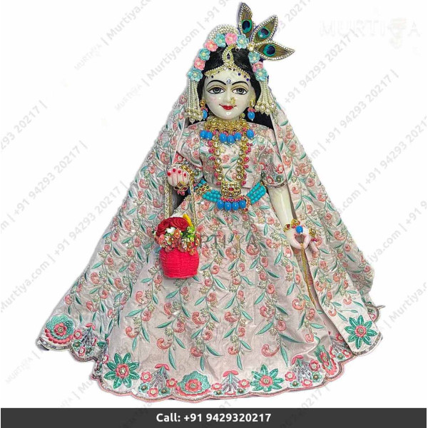 18 Inches ISKCON White Radha Krishna Marble Statue With off-white Embroidery Clothes-Jewellery Pure Handmade