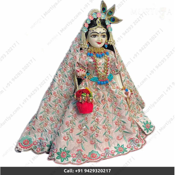 18 Inches ISKCON White Radha Krishna Marble Statue With off-white Embroidery Clothes-Jewellery Pure Handmade