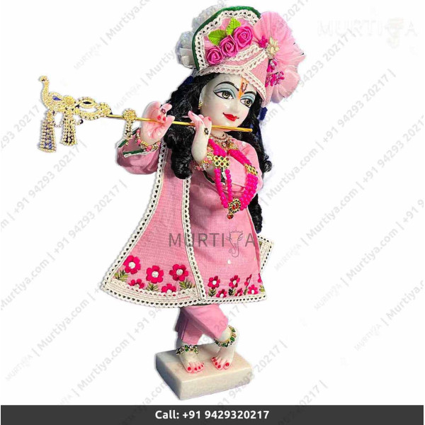 18 Inches ISKCON White Radha Krishna Marble Statue With Pink Dress Clothes-Jewellery Pure Handmade