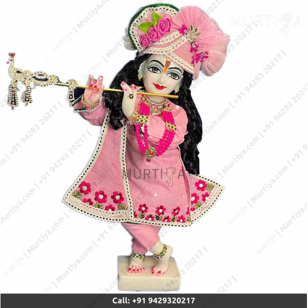 18 Inches ISKCON White Radha Krishna Marble Statue With Pink Dress Clothes-Jewellery Pure Handmade