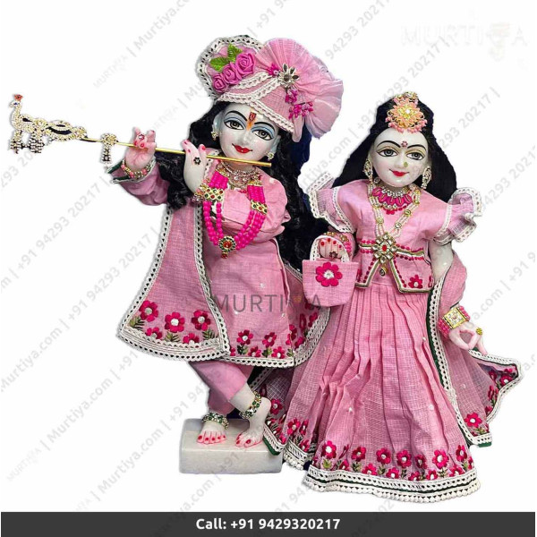 18 Inches ISKCON White Radha Krishna Marble Statue With Pink Dress Clothes-Jewellery Pure Handmade