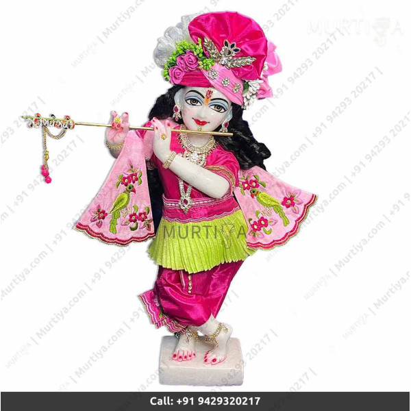 18 Inches ISKCON White Radha Krishna Marble Statue With Pink Green Dress Clothes-Jewellery Pure Handmade