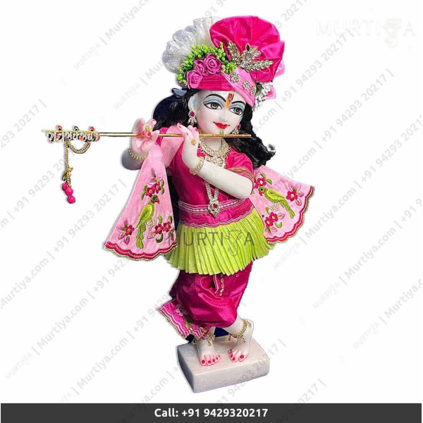 18 Inches ISKCON White Radha Krishna Marble Statue With Pink Green Dress Clothes-Jewellery Pure Handmade