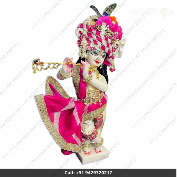 18 Inches ISKCON White Radha Krishna Marble Statue With Pink and off white Clothes-Jewellery Pure Handmade