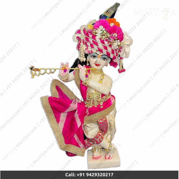 18 Inches ISKCON White Radha Krishna Marble Statue With Pink and off white Clothes-Jewellery Pure Handmade