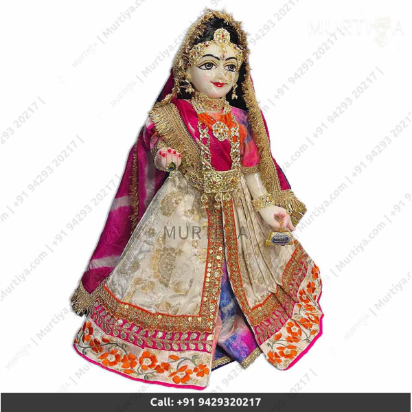 18 Inches ISKCON White Radha Krishna Marble Statue With Pink and off white Clothes-Jewellery Pure Handmade