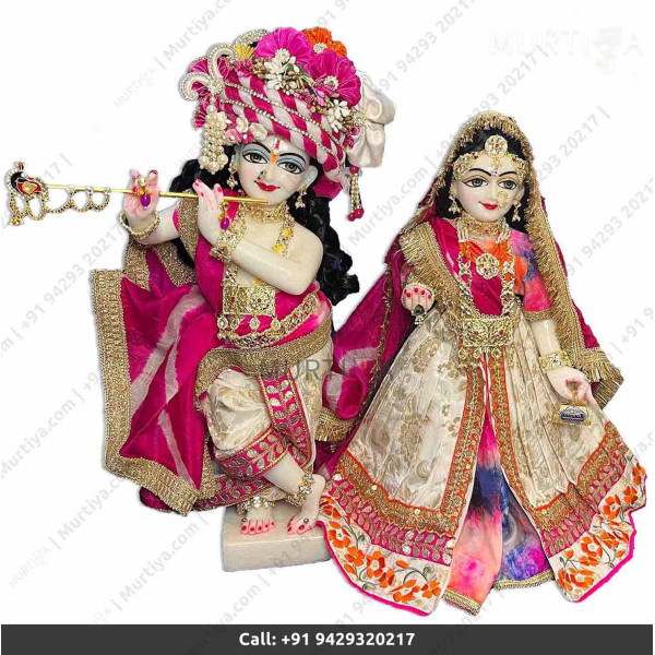 18 Inches ISKCON White Radha Krishna Marble Statue With Pink and off white Clothes-Jewellery Pure Handmade