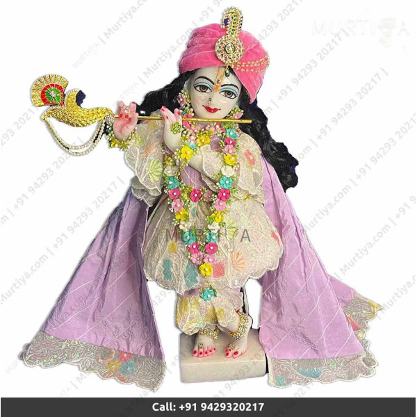 18 Inches ISKCON White Radha Krishna Marble Statue With Pink white flower style dress Clothes-Jewellery Pure Handmade