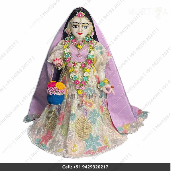 18 Inches ISKCON White Radha Krishna Marble Statue With Pink white flower style dress Clothes-Jewellery Pure Handmade