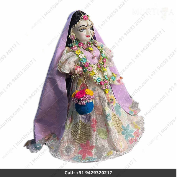 18 Inches ISKCON White Radha Krishna Marble Statue With Pink white flower style dress Clothes-Jewellery Pure Handmade