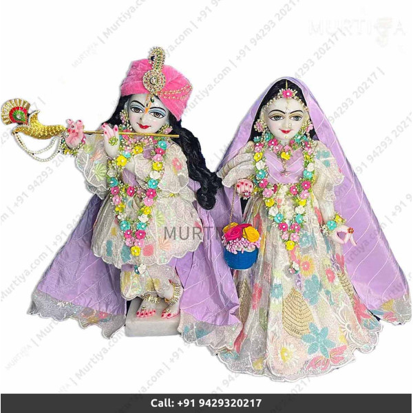 18 Inches ISKCON White Radha Krishna Marble Statue With Pink white flower style dress Clothes-Jewellery Pure Handmade