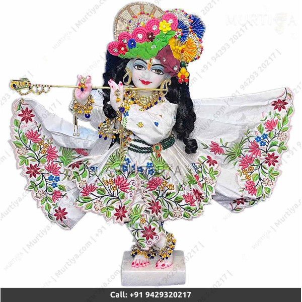 18 Inches ISKCON White Radha Krishna Marble Statue Pure White Embroidery Clothes-Jewellery Pure Handmade