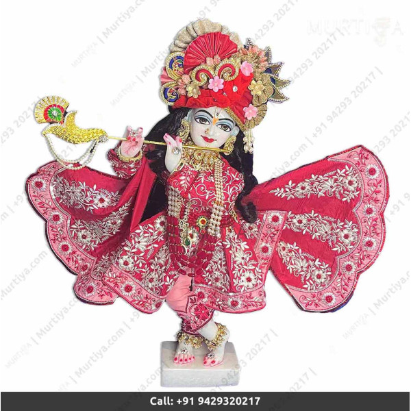 18 Inches ISKCON White Radha Krishna Marble Statue With Red Embroidery Dress Clothes-Jewellery Pure Handmade