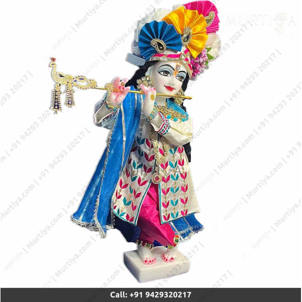 18 Inches ISKCON White Radha Krishna Marble Statue With White and Pink Kurta Style Dress Clothes-Jewellery Pure Handmade