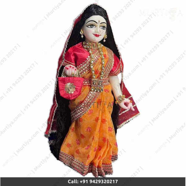 18 Inch ISKCON White Radha Krishna Marble Statue With Yellow Dress and Saree Clothes-Jewellery Pure Handmade