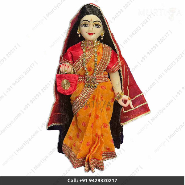 18 Inch ISKCON White Radha Krishna Marble Statue With Yellow Dress and Saree Clothes-Jewellery Pure Handmade