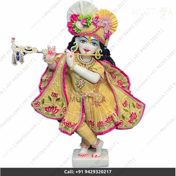 18 Inches ISKCON White Radha Krishna Marble Statue With Yellow Dress Clothes-Jewellery Pure Handmade