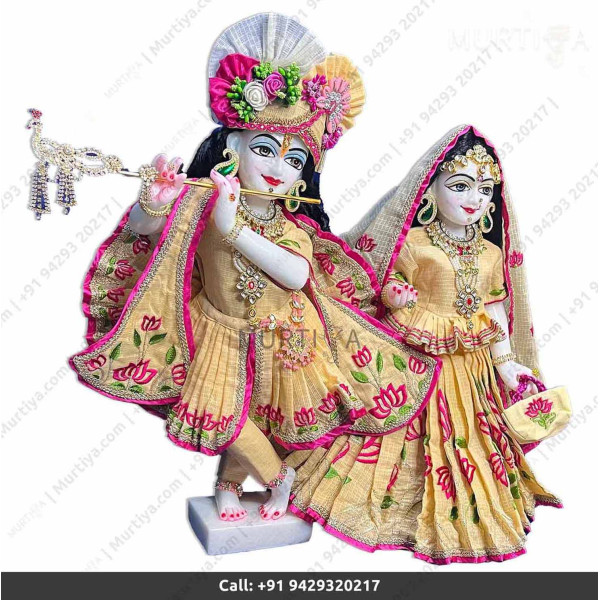 18 Inches ISKCON White Radha Krishna Marble Statue With Yellow Dress Clothes-Jewellery Pure Handmade