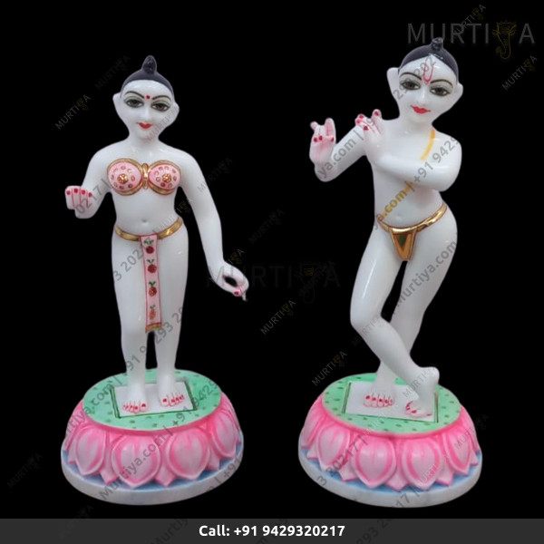 ISKCON Pure White Radha Krishna Marble Statue Pure Handmade With Lotus Base