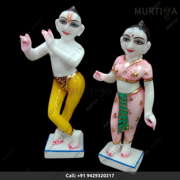 ISKCON Pure White Krishna Radha Marble Statue Pure Handmade With Full Pink And Green Color