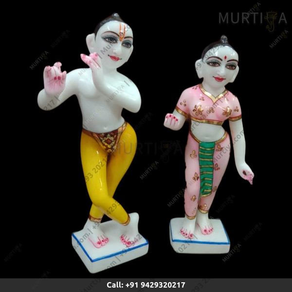 ISKCON Pure White Krishna Radha Marble Statue Pure Handmade With Full Pink And Green Color