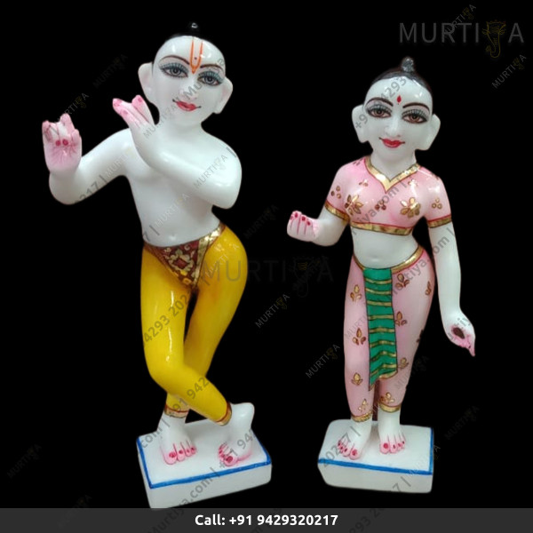 ISKCON Pure White Krishna Radha Marble Statue Pure Handmade With Full Pink And Green Color