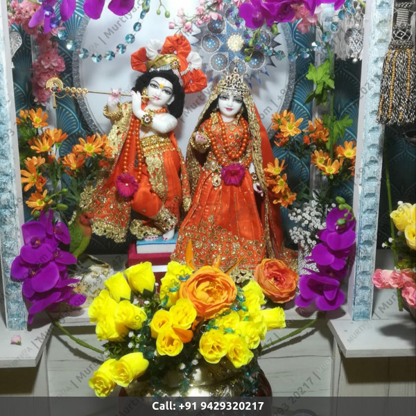 ISKCON Radha Krishna Marble Statue Pure Handmade With Orange Jewellery Clothes