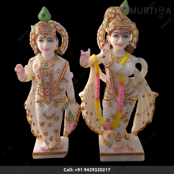 Painted Marble Radha Krishna Ji with Stone work