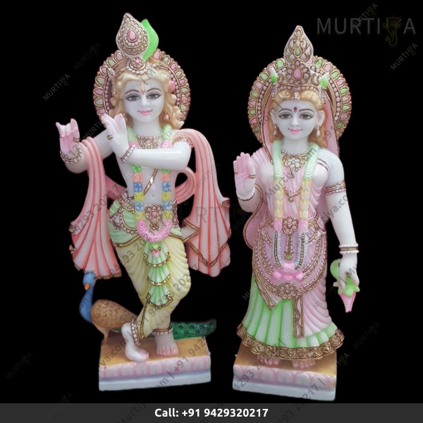 Painted Marble Radha Krishna ji with peacock