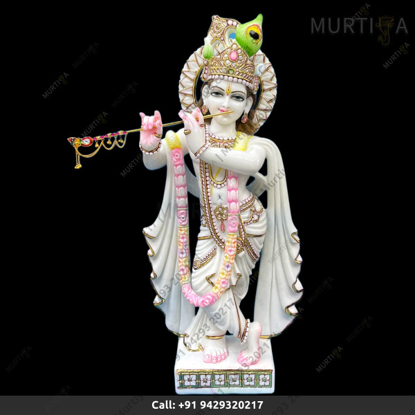 Pure White Makrana Vietnam Marble Krishna Ji with Painted Clothes