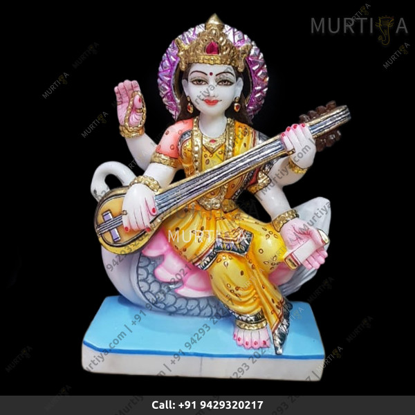 Marble Saraswati Maa On Swan - 12 Inch