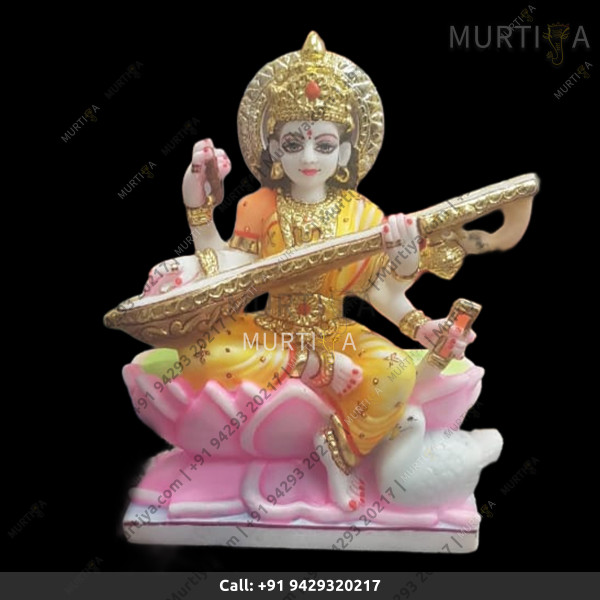 Marble Saraswati Maa With Light Orange Saree On Lotus - 12 Inch