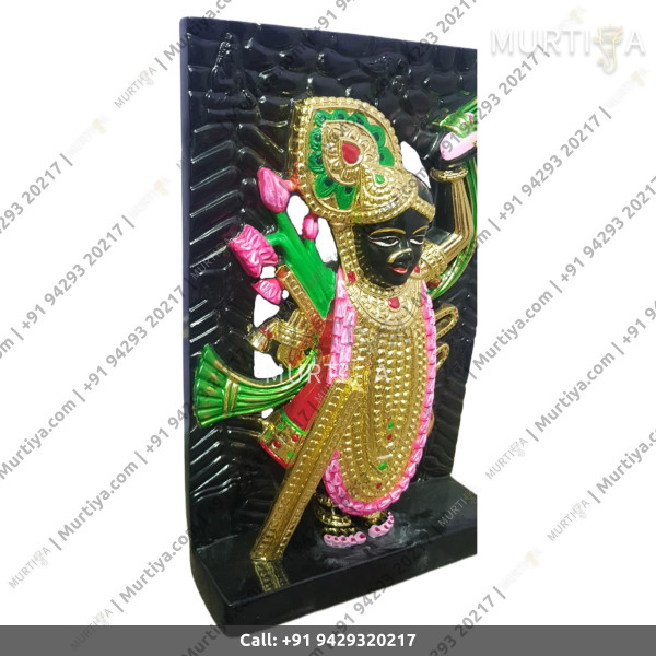 Marble Shreenath Ji Pure Black Golden Clothes Single Stone