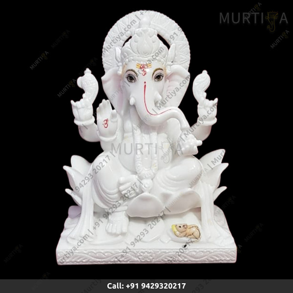 Marble Ganesh ji with Pure White With Golden Tilak